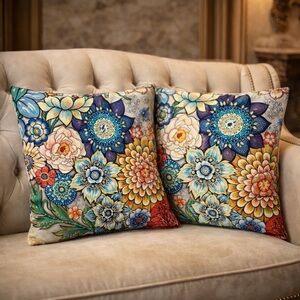 Vibrant Floral Throw Pillow Covers Set Boho Luxe Home Decor